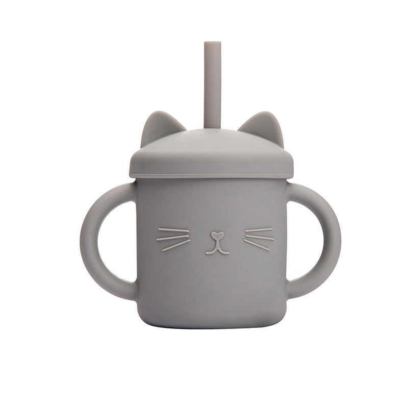 Grey Cat Silicone Cup with Straw