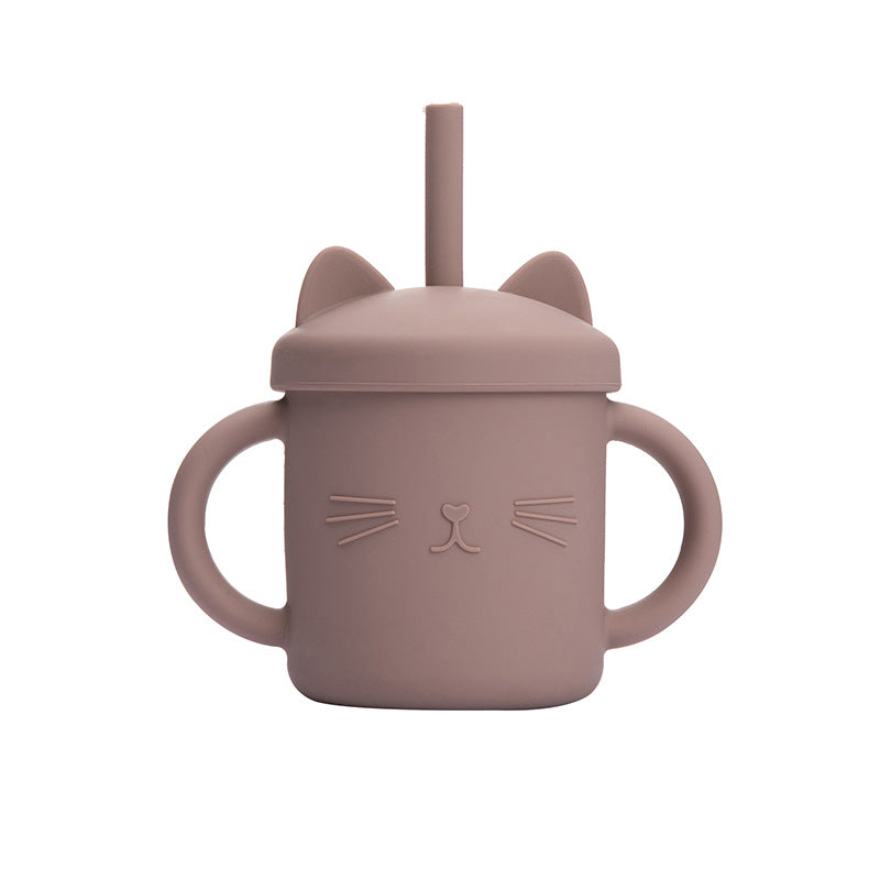 Brown Cat Silicone Cup with Straw