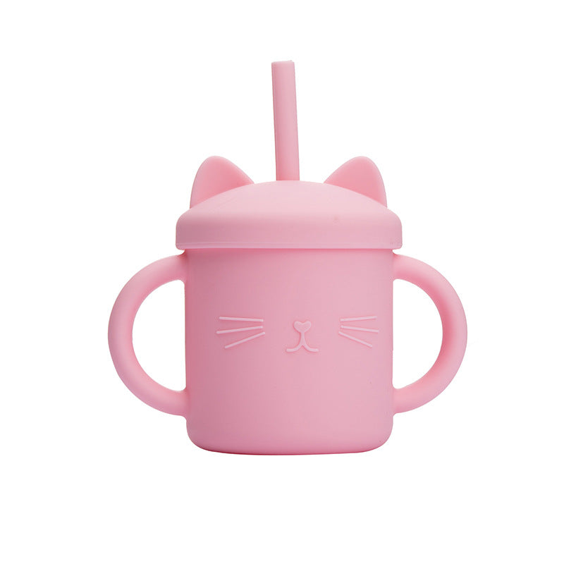 Children's Cat Face Silicone Sippy Cup with Straw