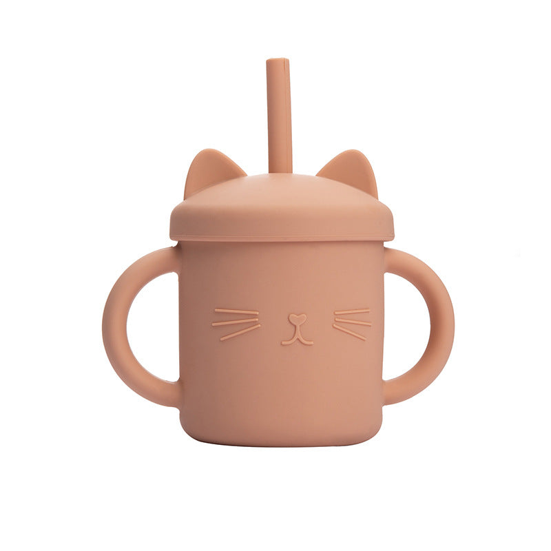 Khaki Cat Silicone Cup with Straw